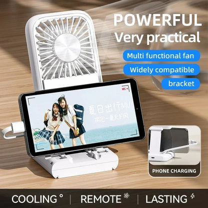 Folding Mini Cooling Air Fan Mobile Phone Holder Power Bank 3000mAh USB Rechargeable Cooling Handheld Desktop Fan with Lanyard