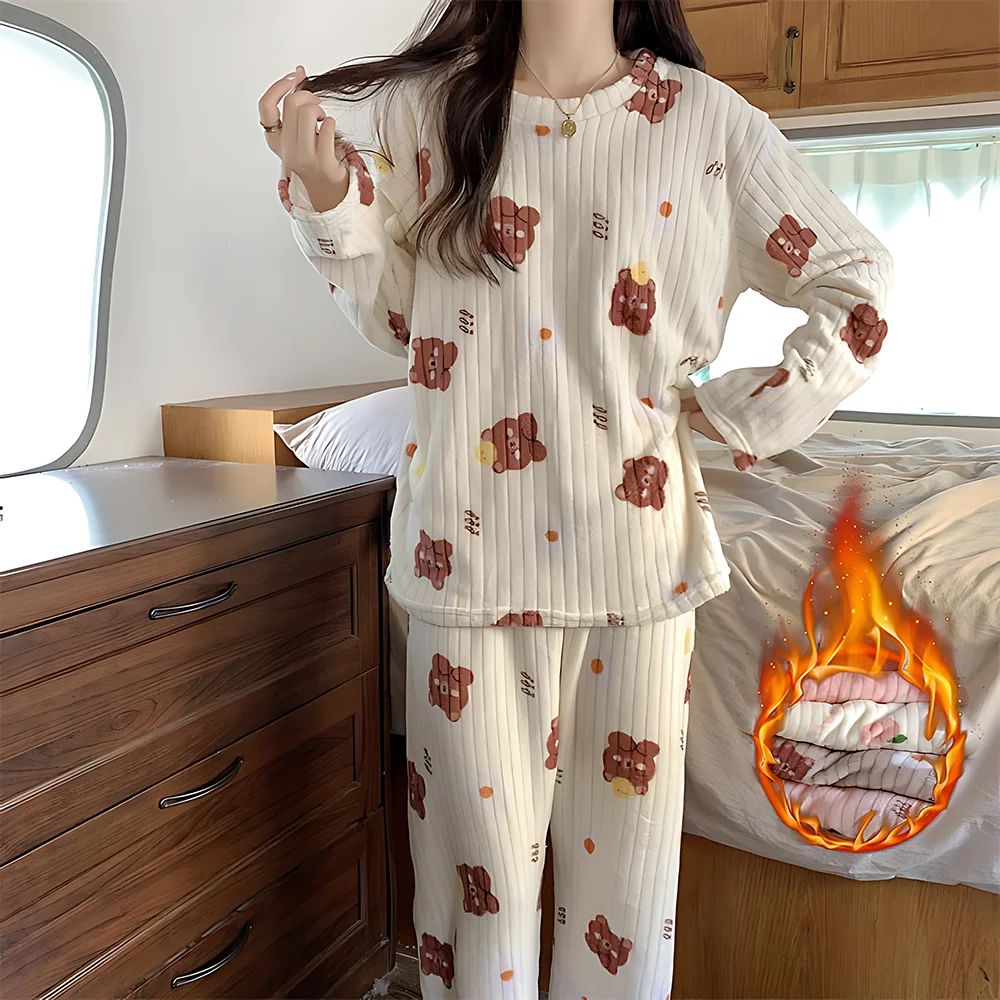 Autumn and Winter Coral Fleece Pajamas Set for Women Warm Lined  Loungewear Cozy Home Sleepwear Christmas Gift