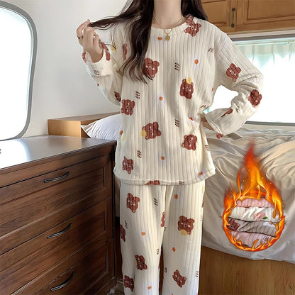 Autumn and Winter Coral Fleece Pajamas Set for Women Warm Lined  Loungewear Cozy Home Sleepwear Christmas Gift