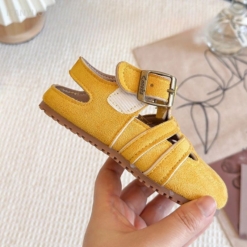 1-12Y Children's Sandals Toe Protect Boys Girls Summer New Candy Color Soft Sole Shoes Kids Casual Retro Flat Leather Sandals