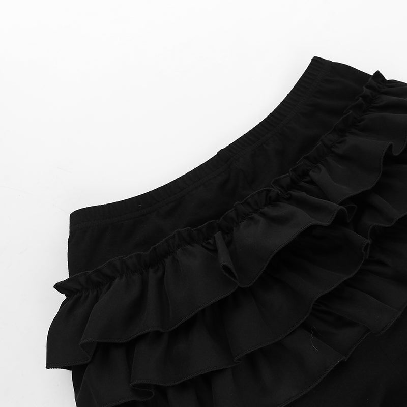 Puloru Gothic Black Bloomer Shorts Women's Summer Elastic Waist Ruffle Layered Shorts Harajuku Streetwear High Waist Bottoms