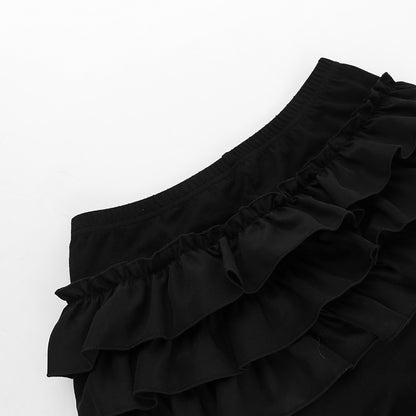 Puloru Gothic Black Bloomer Shorts Women's Summer Elastic Waist Ruffle Layered Shorts Harajuku Streetwear High Waist Bottoms