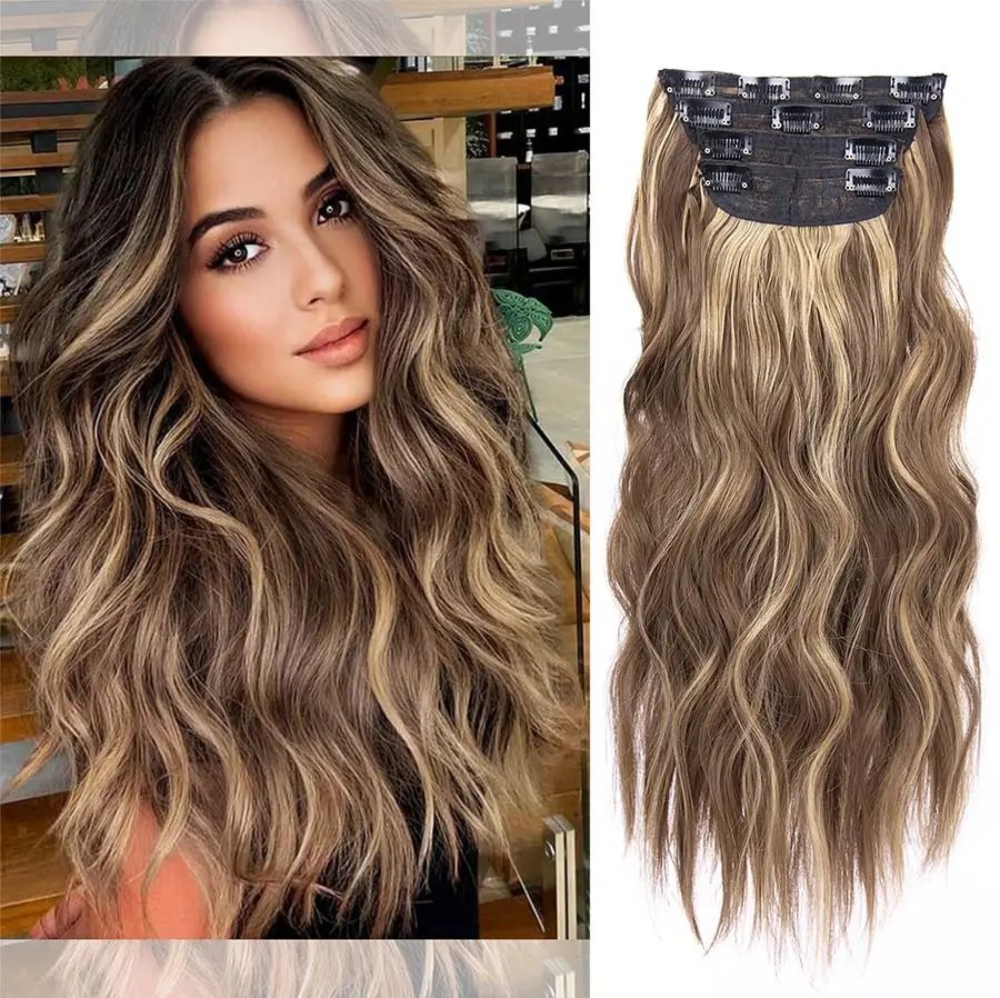 Kit 4 Peças Aplique Tic Tac Cabelo Sintético 20 Polegadas Cacheado Longo Grosso Para Mulheres Cabeça Inteira extensões de cabelo sintéticas