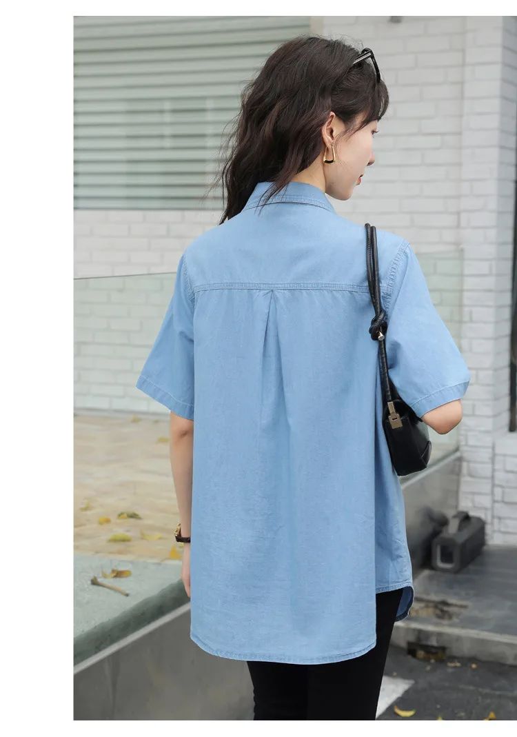 Vintageblueshort Sleeves Thin Denim Shirt 2024 Summer New Casual Loose-Fit Hong Kong Style Petite Top For Women
