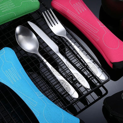 7/3 Peças Conjunto de Talheres de Aço Inoxidável para Acampamento ao Ar Livre Faca de Bife Garfo Colher para Comida Ocidental Bolsa de Pano Criativa Portátil