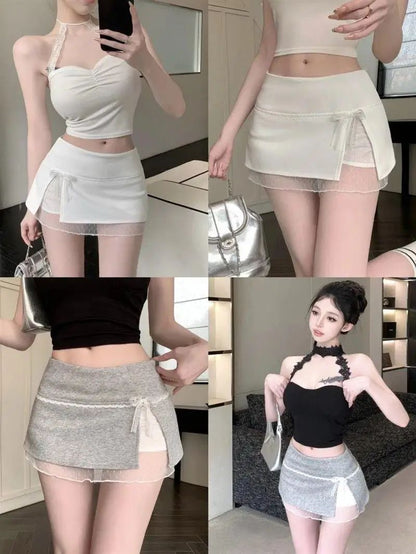 Mini Skirts Women Patchwork Lace Bow Hotsweet Summer A-Line Skirt with Safety Pants Fashion Side Slit Bodycon 2025 Lady Skirts