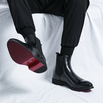 Botas masculinas Chelsea com sola vermelha, tornozelo, bico redondo para negócios, estilo Aura, sapatos masculinos tamanho 38-46, botas masculinas