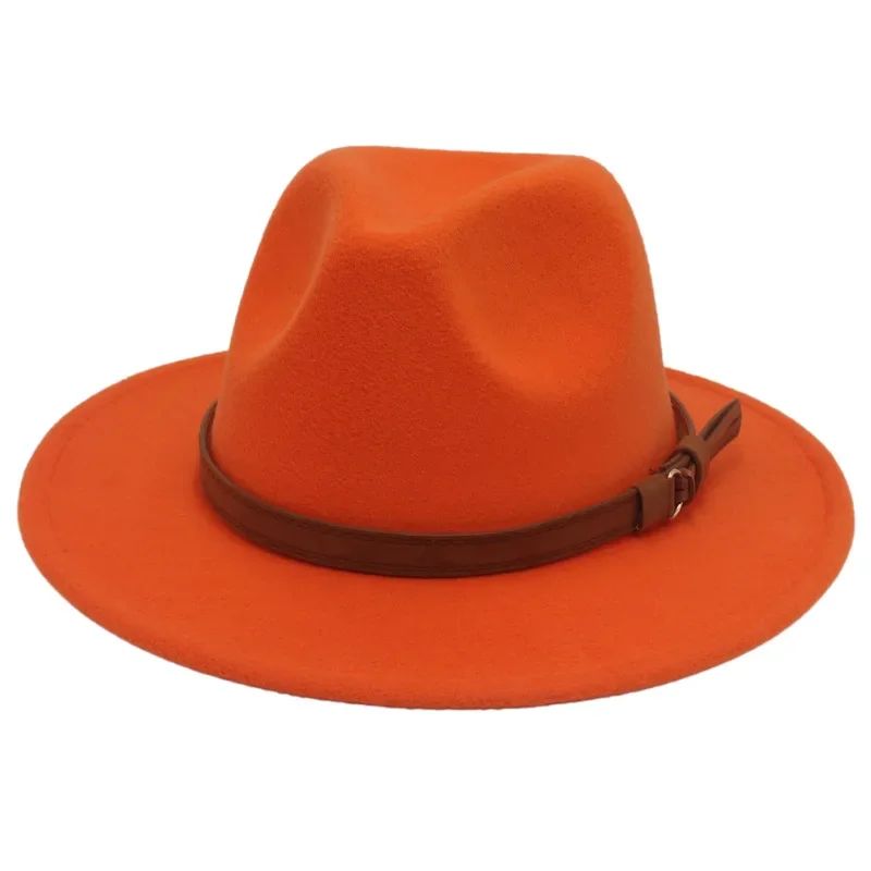 Classic Brown Belt Women Fedora Hats Autumn Winter Gentleman Jazz Felt Hat For Men Retro Church Lady Flat Wide Brim Dress Hat