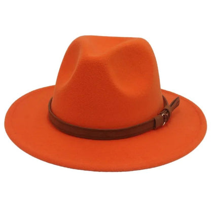 Classic Brown Belt Women Fedora Hats Autumn Winter Gentleman Jazz Felt Hat For Men Retro Church Lady Flat Wide Brim Dress Hat