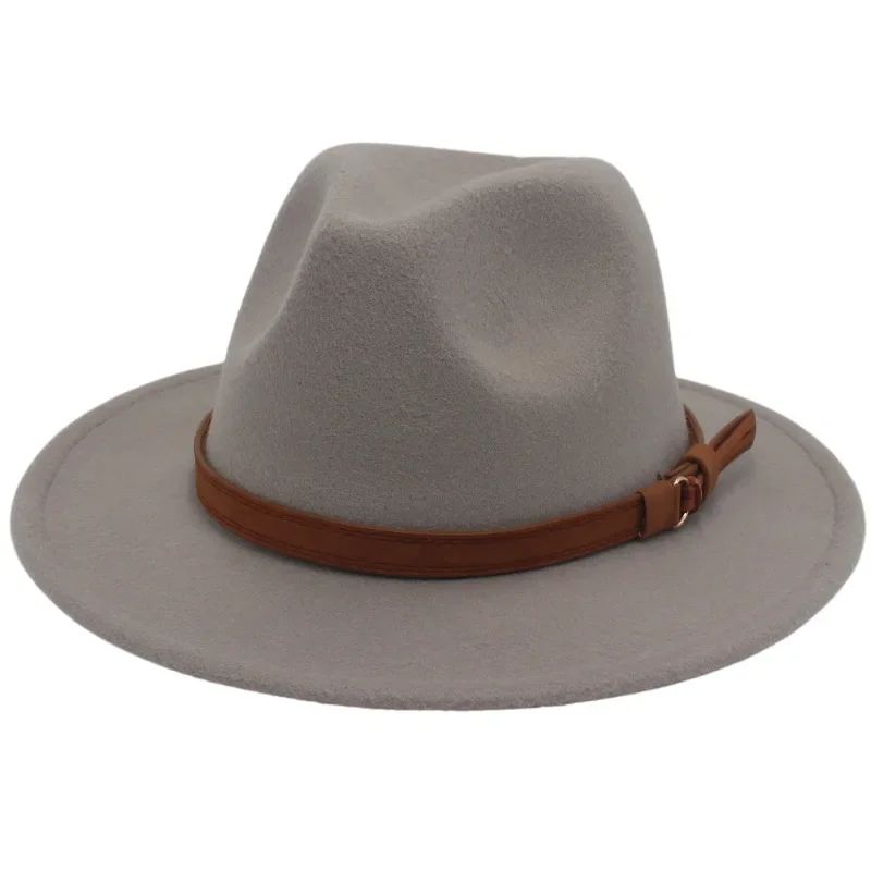 Classic Brown Belt Women Fedora Hats Autumn Winter Gentleman Jazz Felt Hat For Men Retro Church Lady Flat Wide Brim Dress Hat