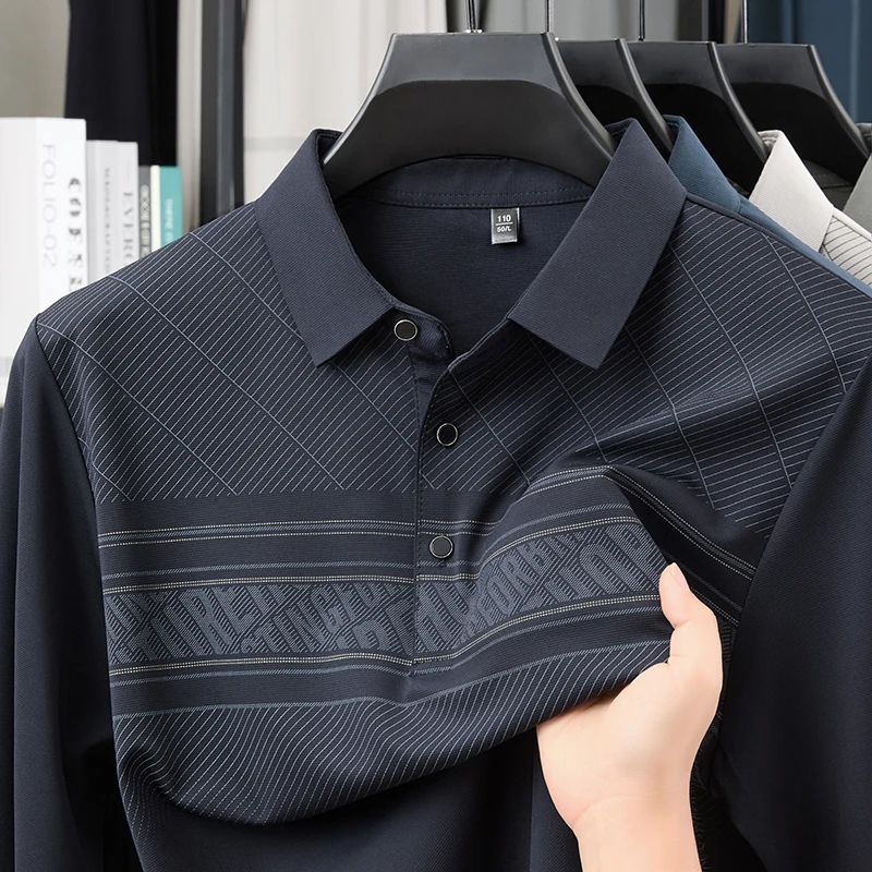 TFETTERS Elegant T Shirt for Man 2025 Spring Autumn Tops Long Sleeve Turn Down Collar Graphic Smart Casual T-shirt for Men