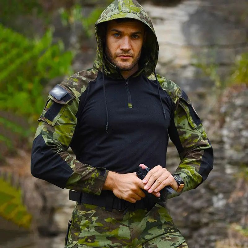 Men Outdoor Hooded Collar Shirt Tactics Hiking Combat T-Shirt Men Tactical Shirts Airsoft Paintball Camping Hunting Clothing