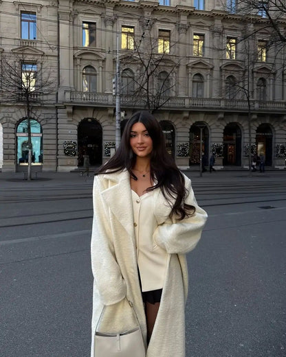 Elegant White Lapel Woolen Long Coat Women Fashion Full Sleeve Single-breasted Warm Loose Coats Lady Winter Commute Street Wear