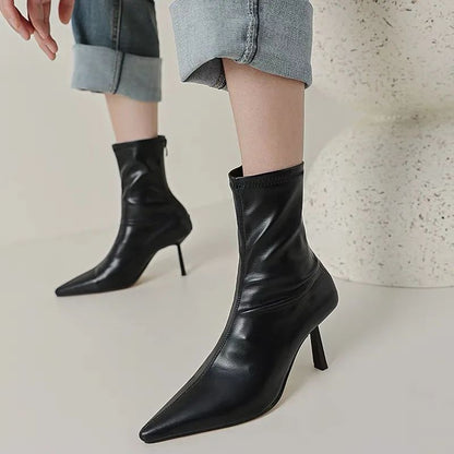 2024 New Autumn Winter Pointed Toe Women Ankle Boots Fashion Zipper Shoes Thin High Heel Women's Morder Short Booties D214