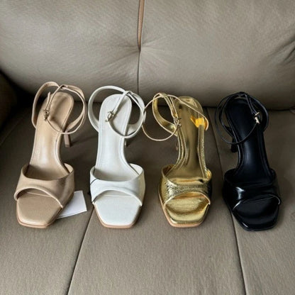 Gold Patent Leather Ankle Buckle High Heeled Sandals Women Sexy Square Toe Open Toe High Heels Summer Fashion Party Office Shoes