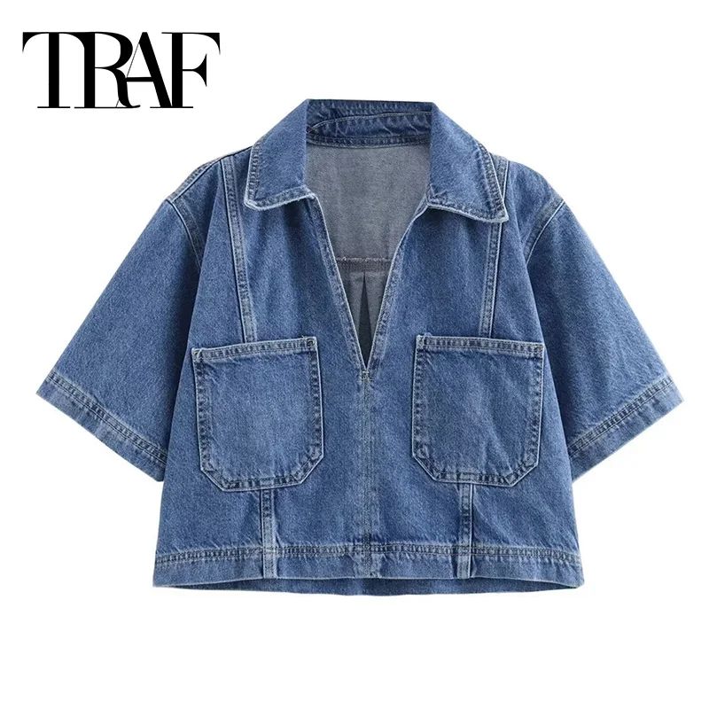 MUJER 2025 Women's Shirt Set Blue Denim Shirts for Women Summer Cropped Shirts and Blouses Woman Holiday Casual Shirts Women Top