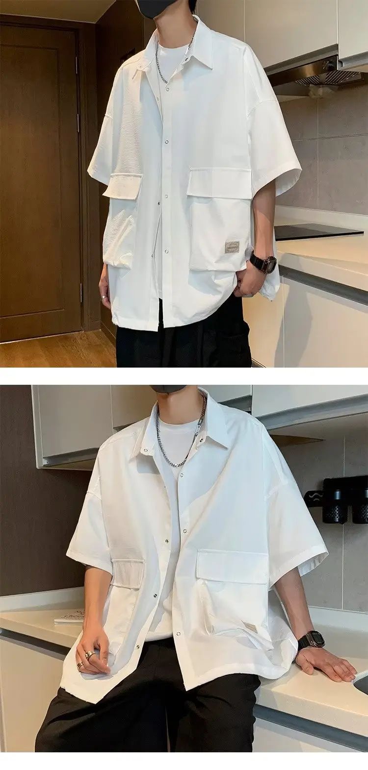 Men's Retro Large Pocket Cargo Shirt Jacket Coat Summer Loose Casual Short Sleeved Shirt For Men Y2k Japan Korea Streetwear