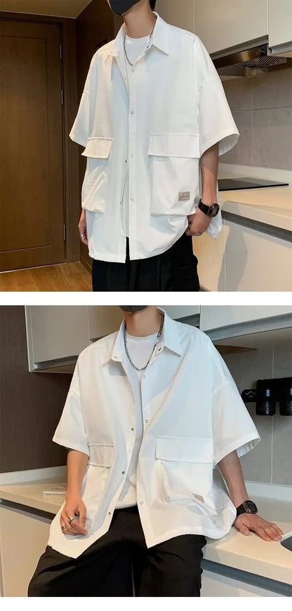 Men's Retro Large Pocket Cargo Shirt Jacket Coat Summer Loose Casual Short Sleeved Shirt For Men Y2k Japan Korea Streetwear