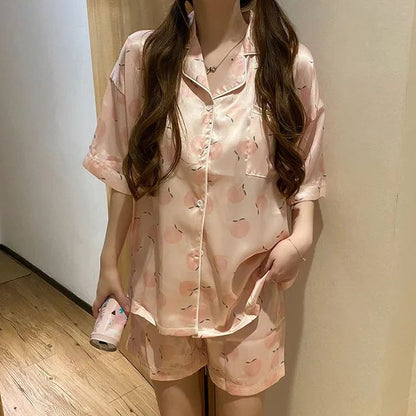 Pyjama Summer New Ladies Sweet Satin Silk Floral Printed Pajamas Set Short Sleeve+Pants Women Ice Silk Cute Homewear Casual Wear
