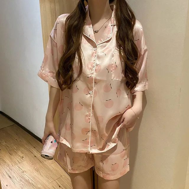 Pyjama Summer New Ladies Sweet Satin Silk Floral Printed Pajamas Set Short Sleeve+Pants Women Ice Silk Cute Homewear Casual Wear