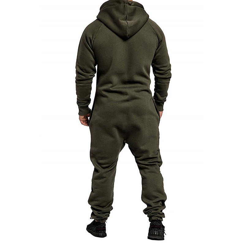 Men's Hooded Fleece Lining Jumpsuit Autumn Winter Warm Long Sleeve Full Zipper Overalls with Kangaroo Pockets Night Clothes