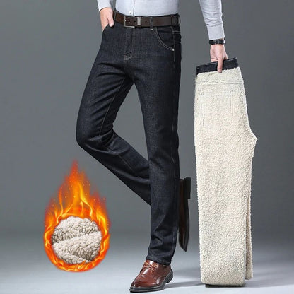 Calça Jeans Masculina de Inverno Forrada de Lã Grossa Sherpa Casual de Negócios Veludo Reta Masculina de Lã Pelúcia Clássica Elástica