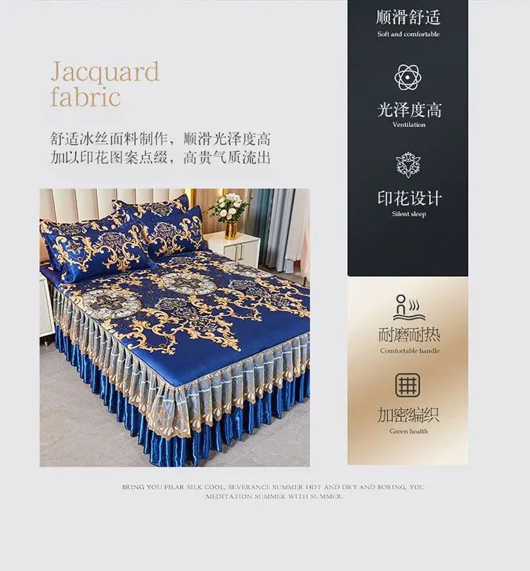 Kit 3 Peças de Lençol de Casal com Renda Clássica Azul Royal, Saia para Cama, Colcha de Casamento Lavável à Máquina, Capa de Colchão
