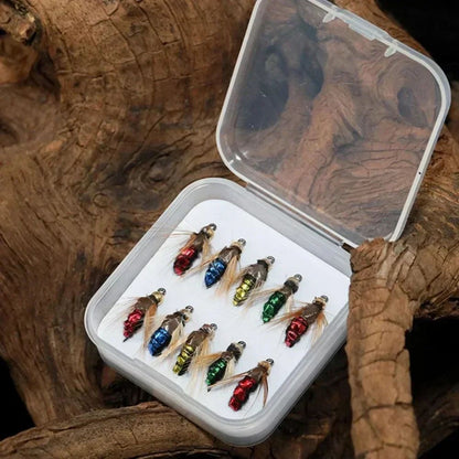 10 Unidades/caixa Latão Cabeça de Miçanga Rápida Afundamento Ninfa Camarão Voador Minhoca Truta Moscas Pesca Isca Artificial Inseto