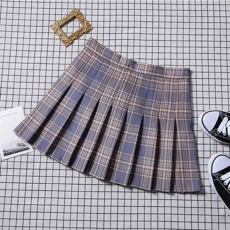 Women Summer Preppy Style Plaid Pleated Skirt School Uniform Anti Glare JK Skirt Harajuku Zipper Culotte High Waist A-line Skirt