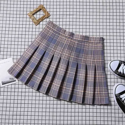 Women Summer Preppy Style Plaid Pleated Skirt School Uniform Anti Glare JK Skirt Harajuku Zipper Culotte High Waist A-line Skirt