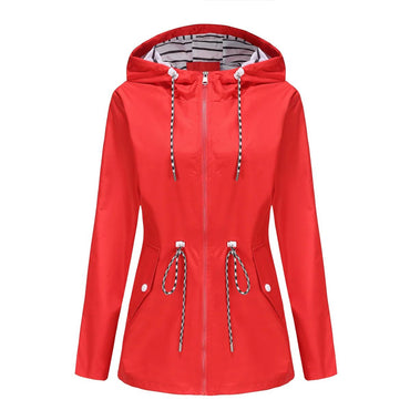 Blue Waterproof Hooded Jacket Women Fashion Casual Coat Waist Drawstring Tie Zipper Switch Red Green Yellow Black Windbreaker