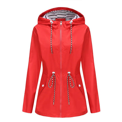 Blue Waterproof Hooded Jacket Women Fashion Casual Coat Waist Drawstring Tie Zipper Switch Red Green Yellow Black Windbreaker