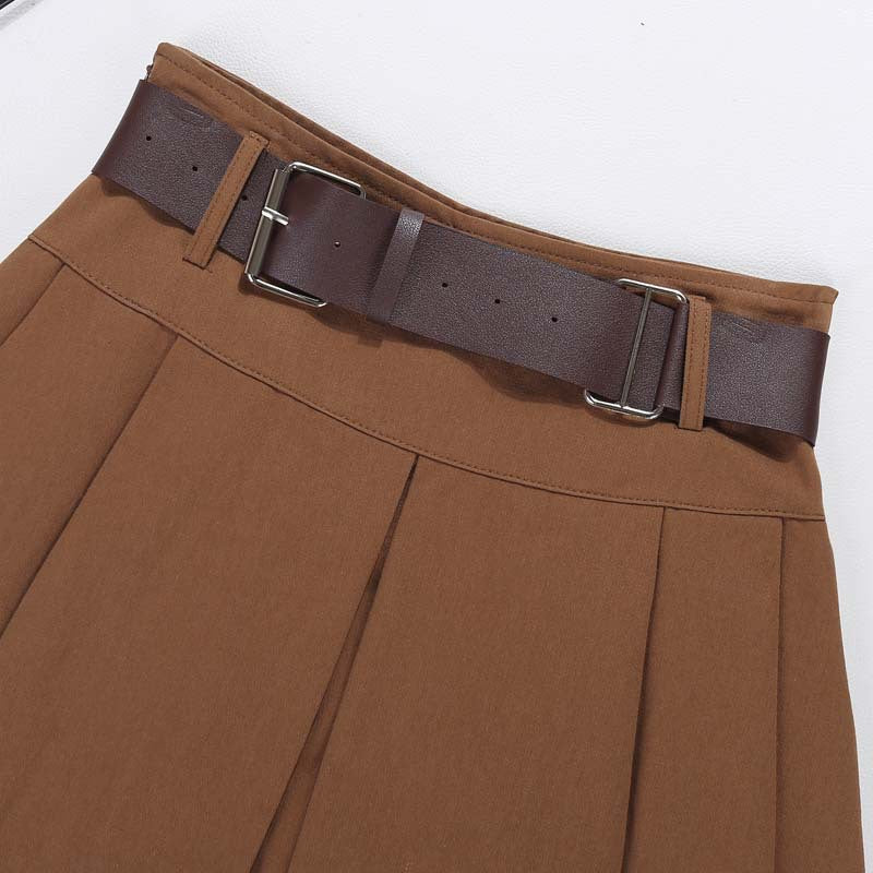 Brown Belted Mini Skirt Low Waisted Pleated Skirt with Belt Women Academia Aesthetic Vintage Outfit