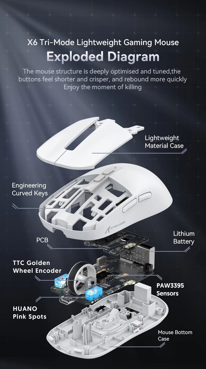 Attack Shark X6 PAW3395 Bluetooth Mouse,2.4 Tri-Mode Connection, RGB Touch Magnetic Charging Base, Macro Gaming Mouse