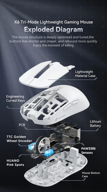 Attack Shark X6 PAW3395 Bluetooth Mouse,2.4 Tri-Mode Connection, RGB Touch Magnetic Charging Base, Macro Gaming Mouse