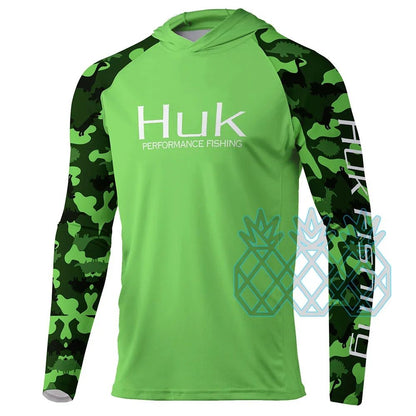 Camisas de Pesca HUK Masculina de Desempenho Manga Longa Moletom com Capuz UPF 50+ Blusas de Pesca Esportes ao Ar Livre Proteção UV Respirável Roupa de Pesca