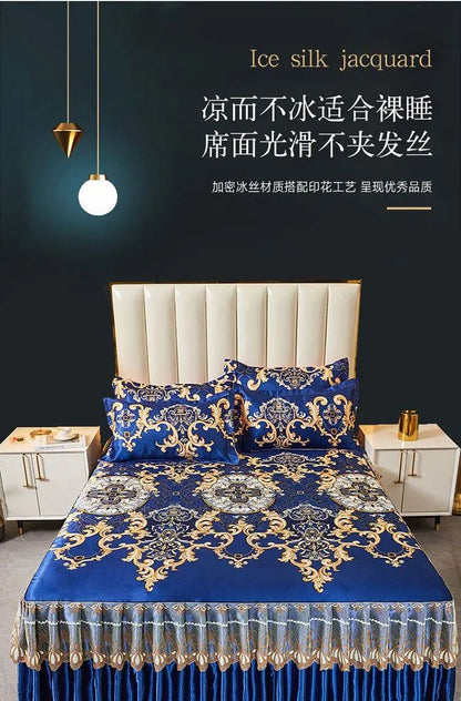 Kit 3 Peças de Lençol de Casal com Renda Clássica Azul Royal, Saia para Cama, Colcha de Casamento Lavável à Máquina, Capa de Colchão