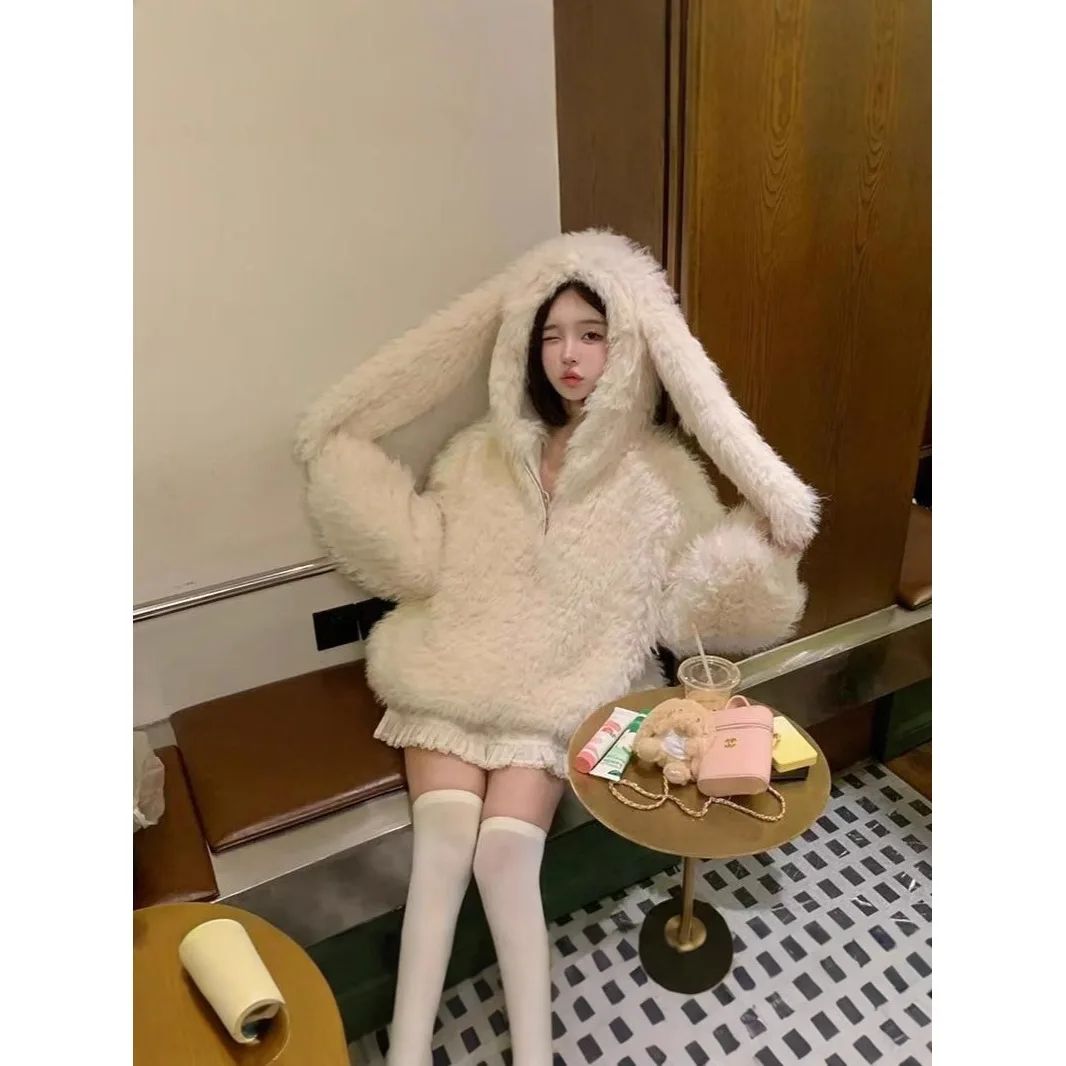 Women's Loose Thickened Lamb Fur Jacket Autumn Winter New Style Cute Rabbit Ear Design Soft Plush Coat Warm Casual Outerwear