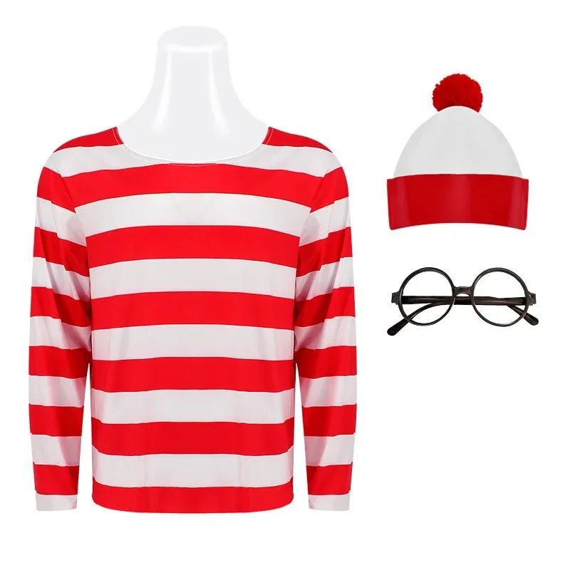 Wheres Waldo Striped Shirt Youth Boys Wally Costume Shirt Glasses and Hat Socks Unisex Adults Carnival Cosplay Costume