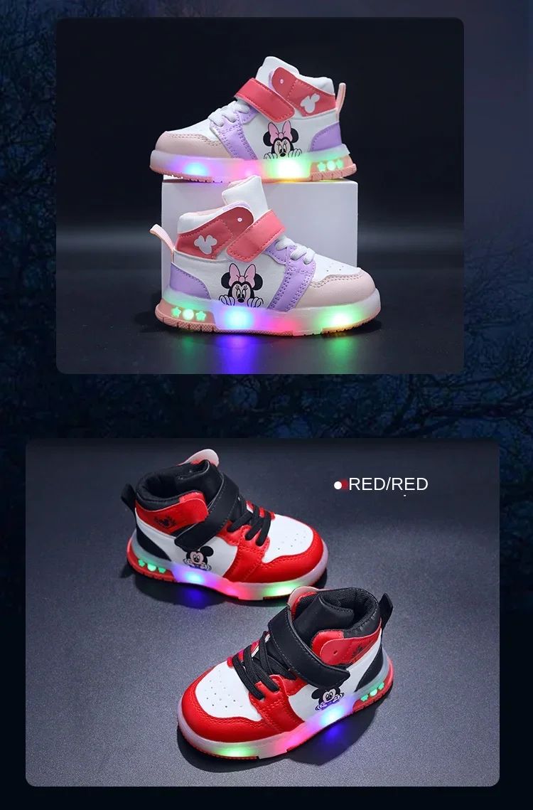 2024 Disney Children's Led Light Shoes Fashion Mickey Mouse Boys Sneakers Girls Cartton Casual Shoes Breathable Kids Sport Shoes