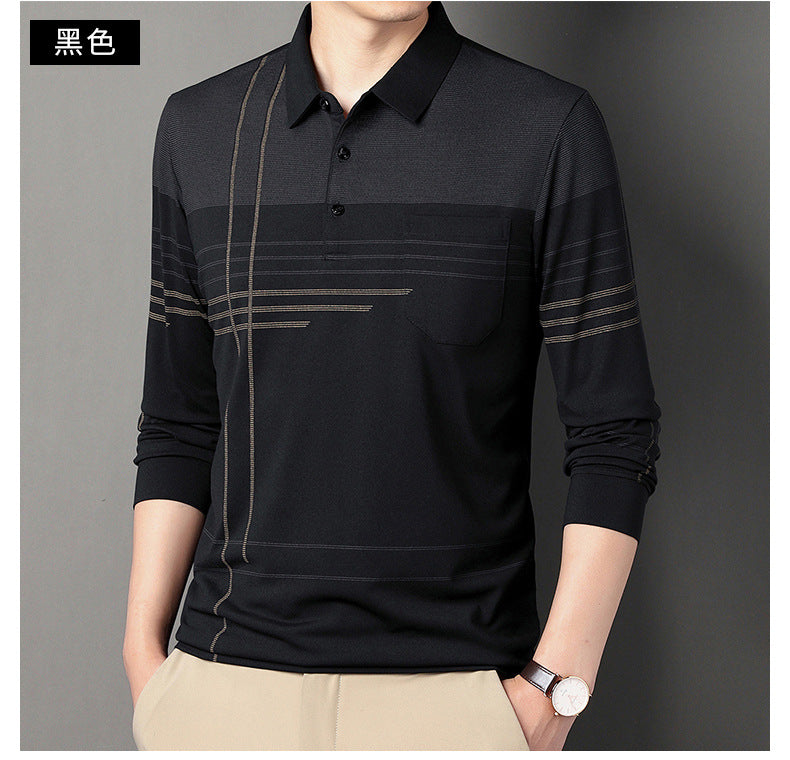 New Men's Polo Shirt Long-sleeved Polos Shirt Lapel Fashion Spring and Autumn Thin Shirt Casual Loose Tops Striped Streetwear