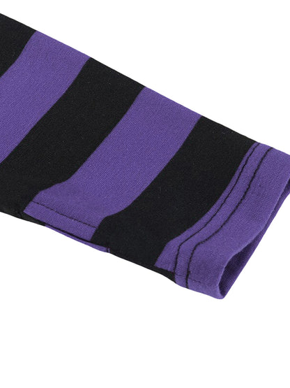 Women's Distressed Crop Tops Gothic Long Sleeve Round Neck Striped Print Loose T-Shirts Halloween Costume