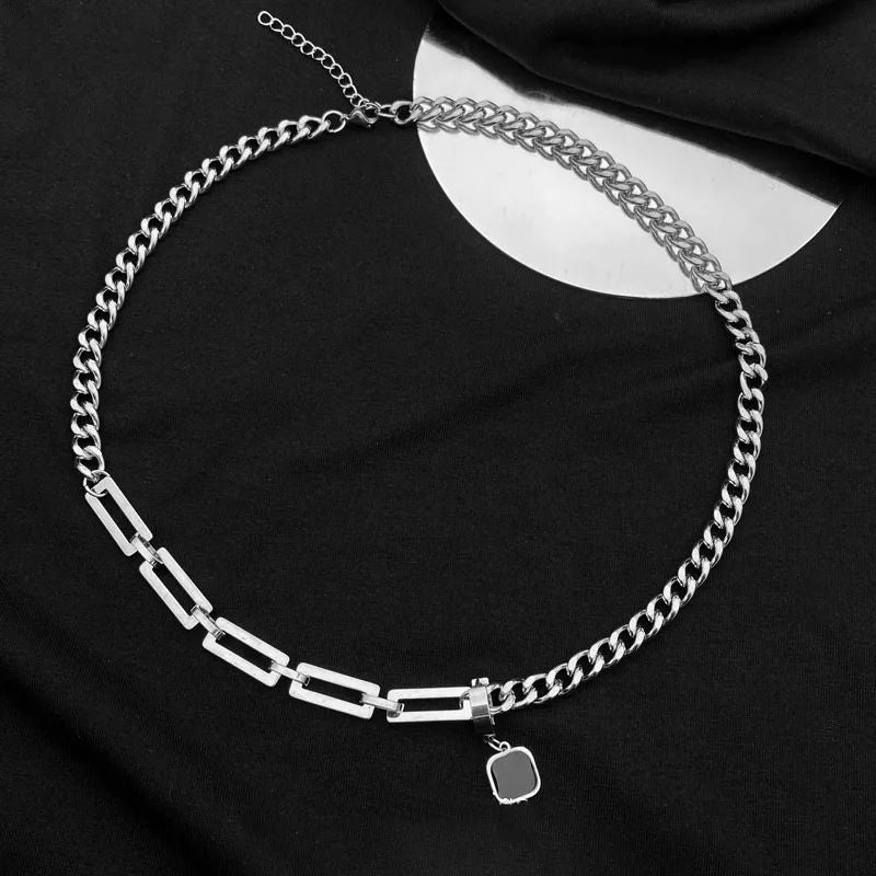 Colar Masculino da Moda, Pingente Quadrado Preto, Aço Inoxidável, Corrente Cubana Assimétrica para Homens Joias