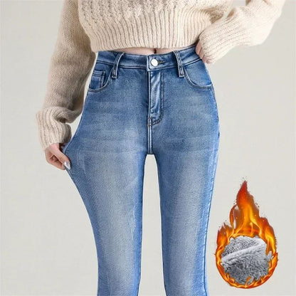 Winter Women Chic Fleece Thermal High Waist Jeans Lady Snow Warm Plush Denim Pants Girls Classic Fashion Straight Leg Trousers