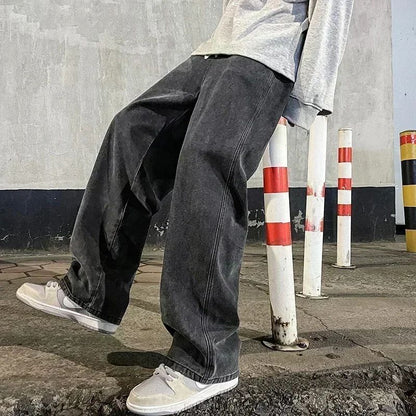 Calças Jeans Longas Masculinas Casuais de Cores Sólidas Coreanas Calça Clássica de Sarja Reta Quatro Estações Masculina de Perna Larga Azul Claro Cinza Preto S-3XL