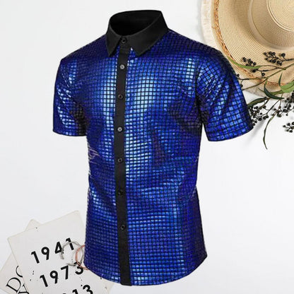 Club Sequin Shirt Mens 70s Disco Costume Vinatge Shirt Turn-down Collar Reflective Shiny Sequins Short Sleeve Button Down Shirt