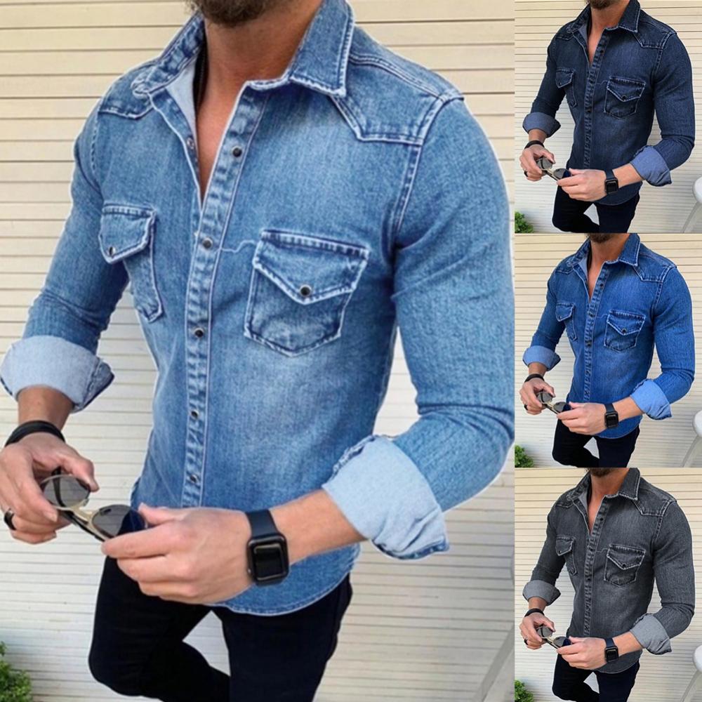 Spring Autumn Denim Shirts Men Top Long Sleeve Jeans Shirts for Men Single-breasted Casual Shirts chemise homme ??????? ???????