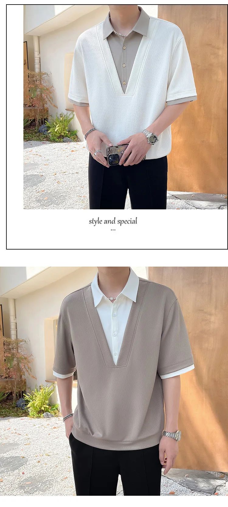 2025 summer new men's fake two-piece shirt, men's clothing, trendy brand, casual, high-end short-sleeved polo shirt