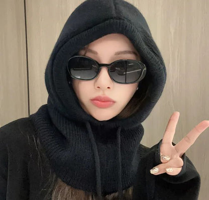 Knitted Hooded Caps Winter Balaclava Hats Women Korean Style Outdoor Warmer Drawstring Hats One-piece Neck Collar Beanies Cap