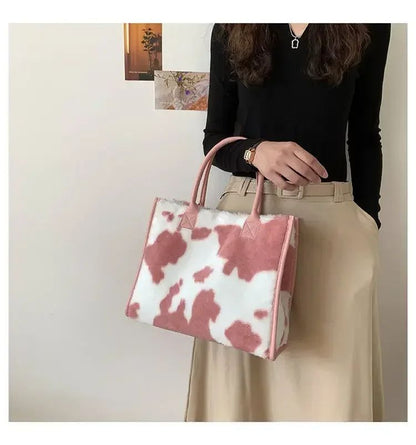 New Women Soft Plush Hand Bag New Winter Leopard Cow Print Tote Bags Female Pu Leather Underarm Bags Furry Fluffy Shoulder Bag